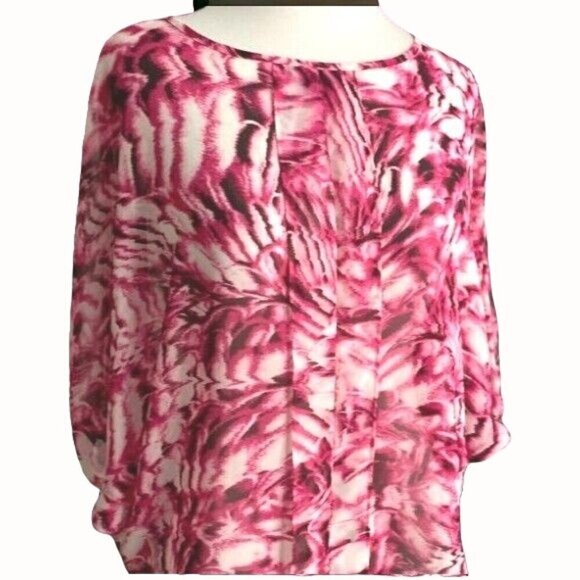 Dana Buchman Pink Floral Abstract Short Sleeve pleated polyester blouse XS - Picture 1 of 9